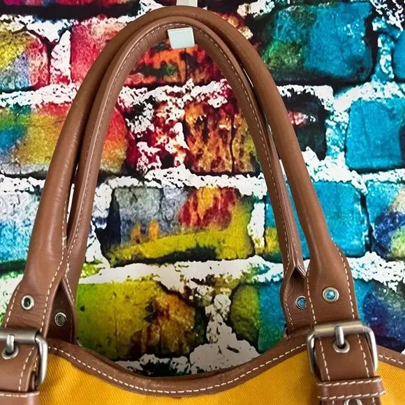 Boden Mustard Coated Canvas Bag Tan Leather Trim Handbag Purse - Picture 5 of 9